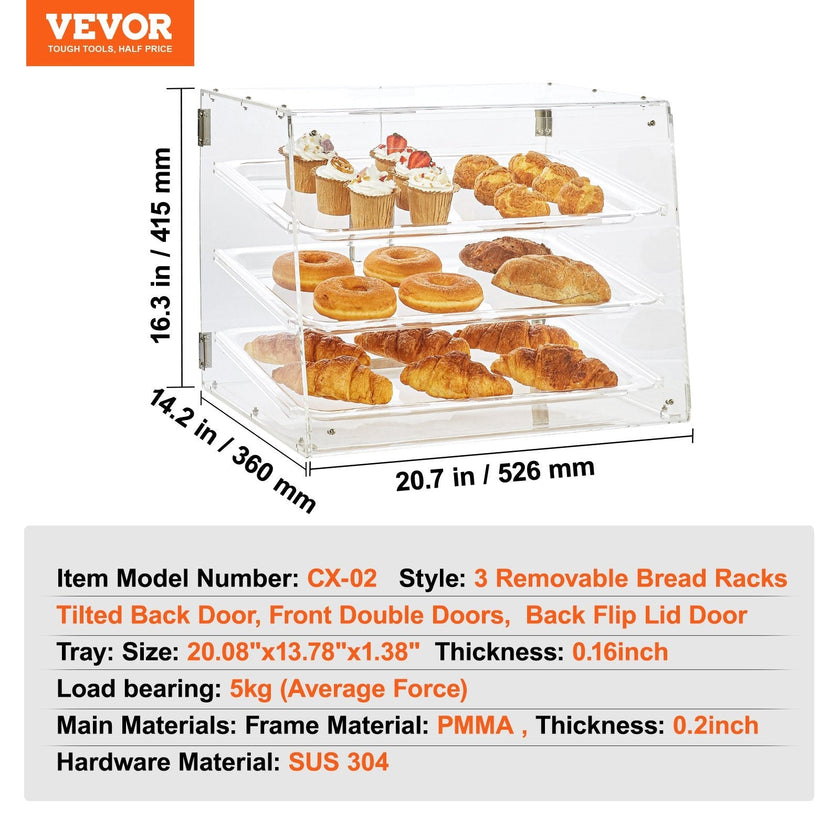 VEVOR Pastry Display Case, 3-Tier Commercial Countertop Bakery Display Case, Acrylic Display Box with Rear Door Access & Removable Shelves, Keep Fresh for Donut Bagels Cake Cookie, 20.7