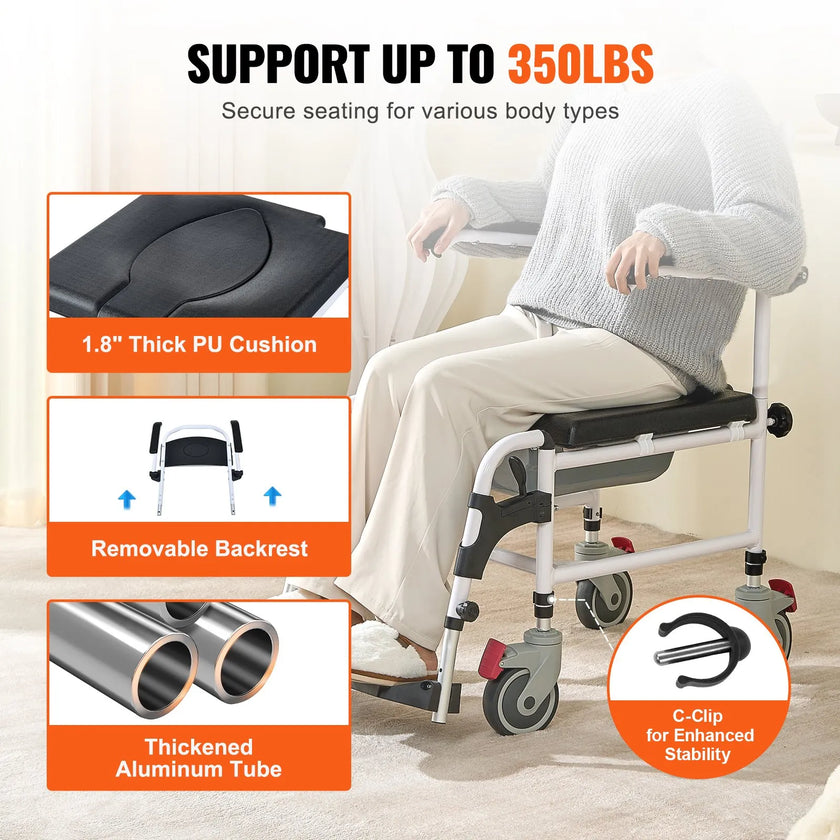 VEVOR Shower Commode Wheelchair with 4 Lockable Wheels, Footrests, Flip-up Arms, 3-Level Adjustable Height, 5L Removable Bucket, 350 LBS Capacity, Commode Chair for Adults Seniors