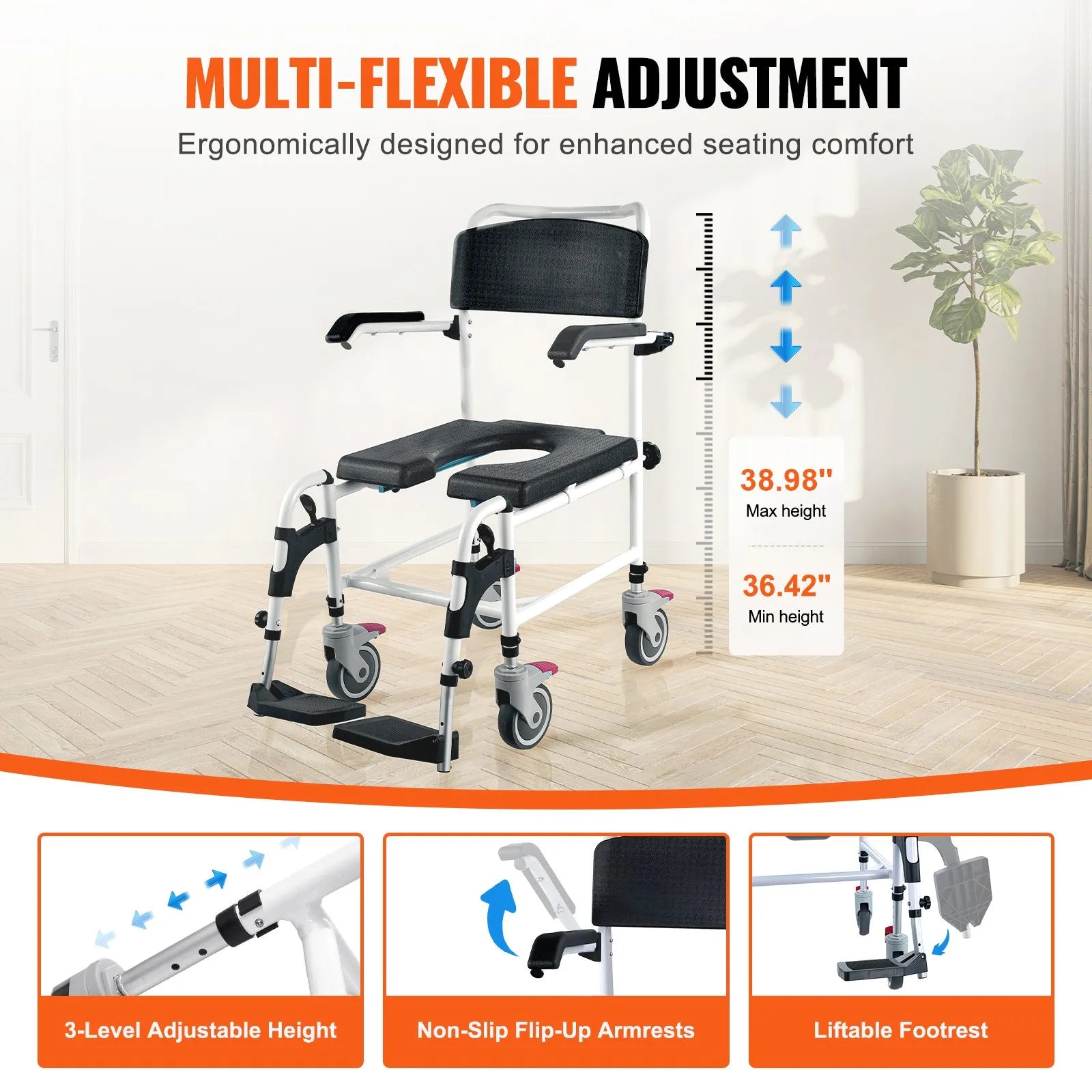 VEVOR Shower Commode Wheelchair with 4 Lockable Wheels, Footrests, Flip-up Arms, 3-Level Adjustable Height, 5L Removable Bucket, 350 LBS Capacity, Commode Chair for Adults Seniors
