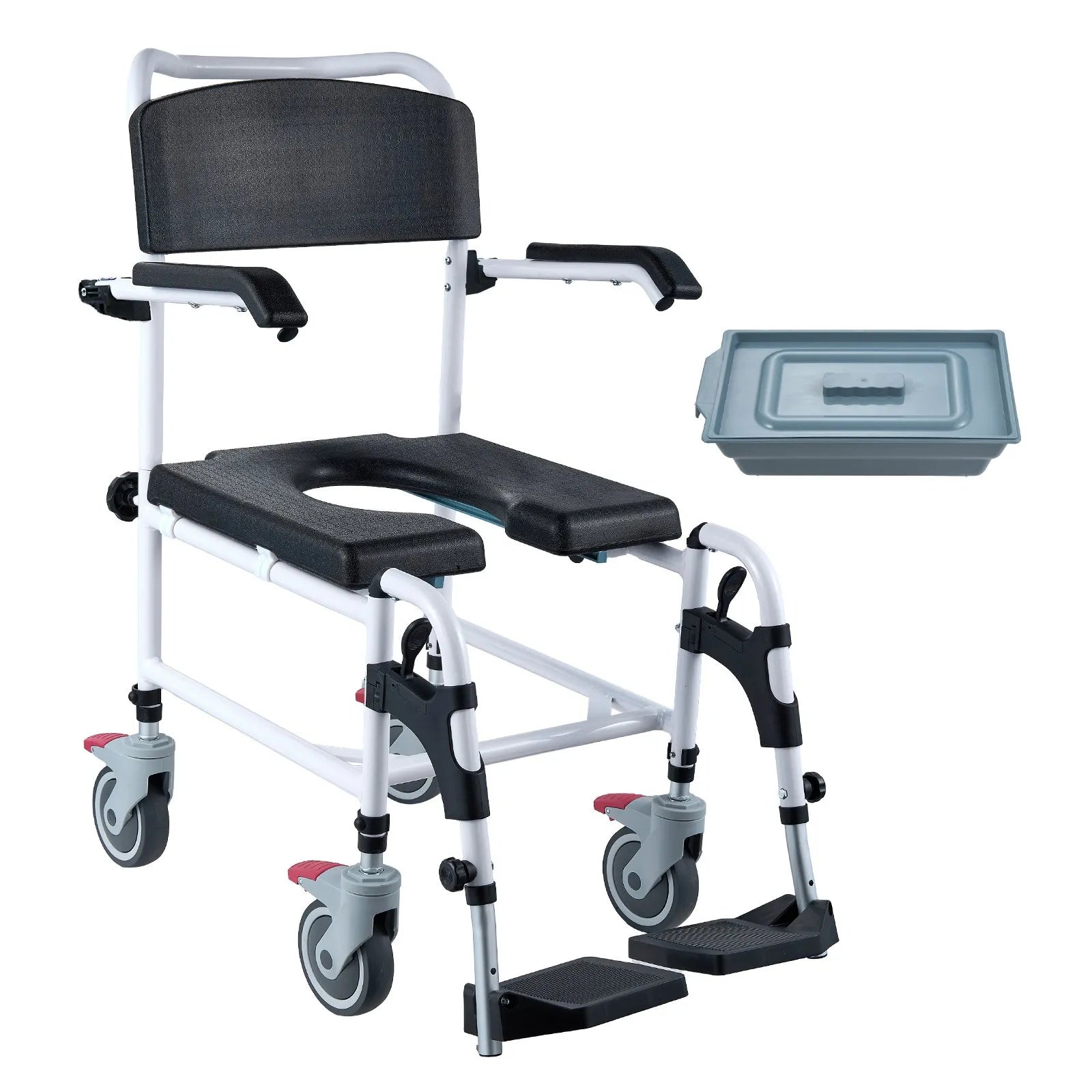 VEVOR Shower Commode Wheelchair with 4 Lockable Wheels, Footrests, Flip-up Arms, 3-Level Adjustable Height, 5L Removable Bucket, 350 LBS Capacity, Commode Chair for Adults Seniors
