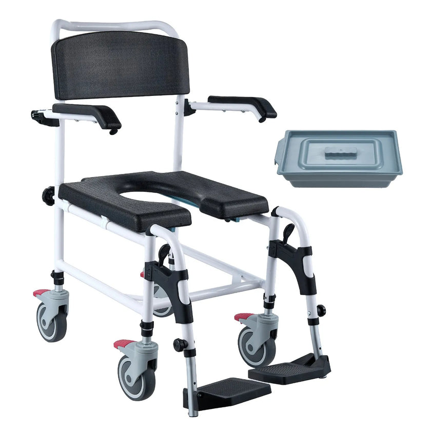 VEVOR Shower Commode Wheelchair with 4 Lockable Wheels, Footrests, Flip-up Arms, 3-Level Adjustable Height, 5L Removable Bucket, 350 LBS Capacity, Commode Chair for Adults Seniors