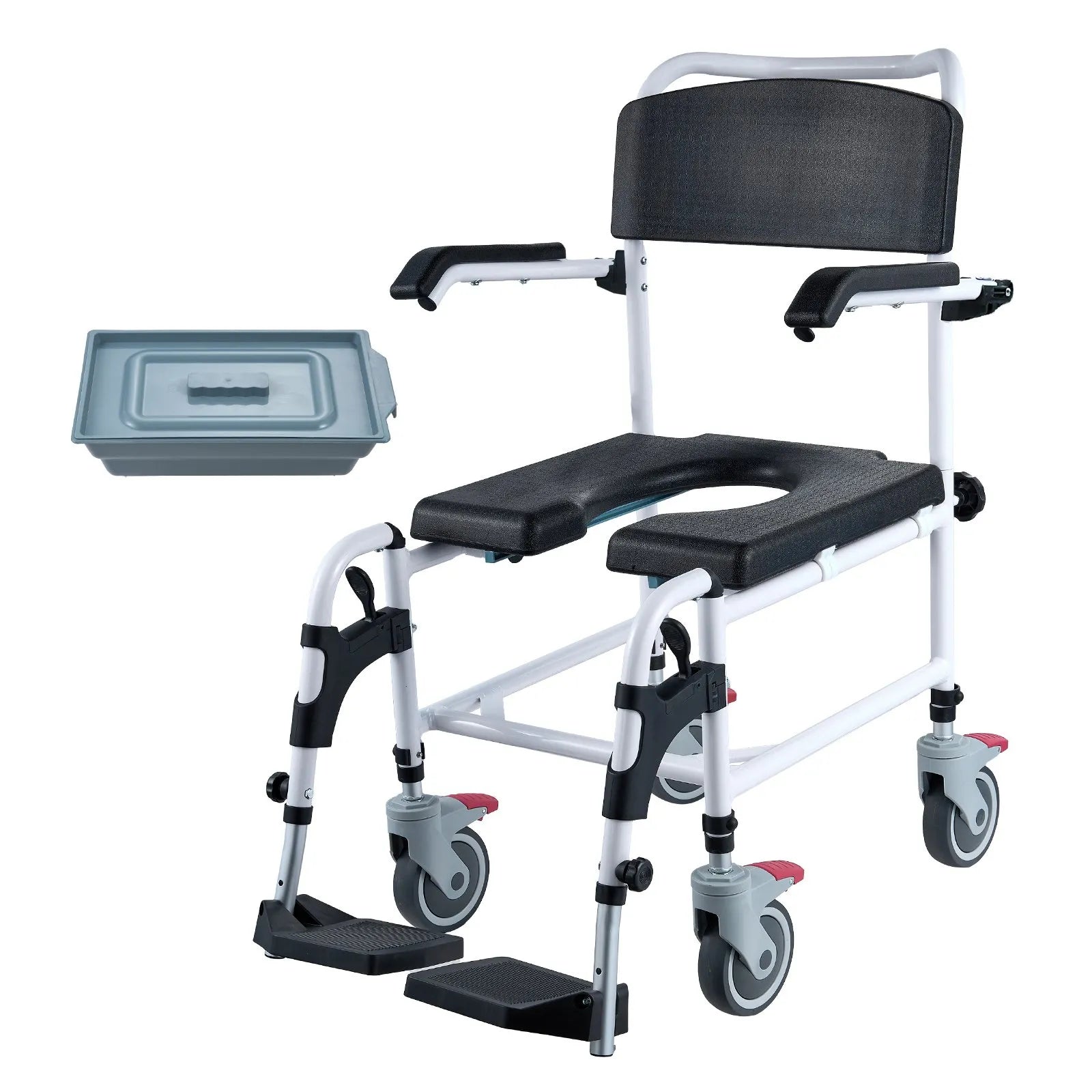 VEVOR Shower Commode Wheelchair with 4 Lockable Wheels, Footrests, Flip-up Arms, 3-Level Adjustable Height, 5L Removable Bucket, 350 LBS Capacity, Commode Chair for Adults Seniors