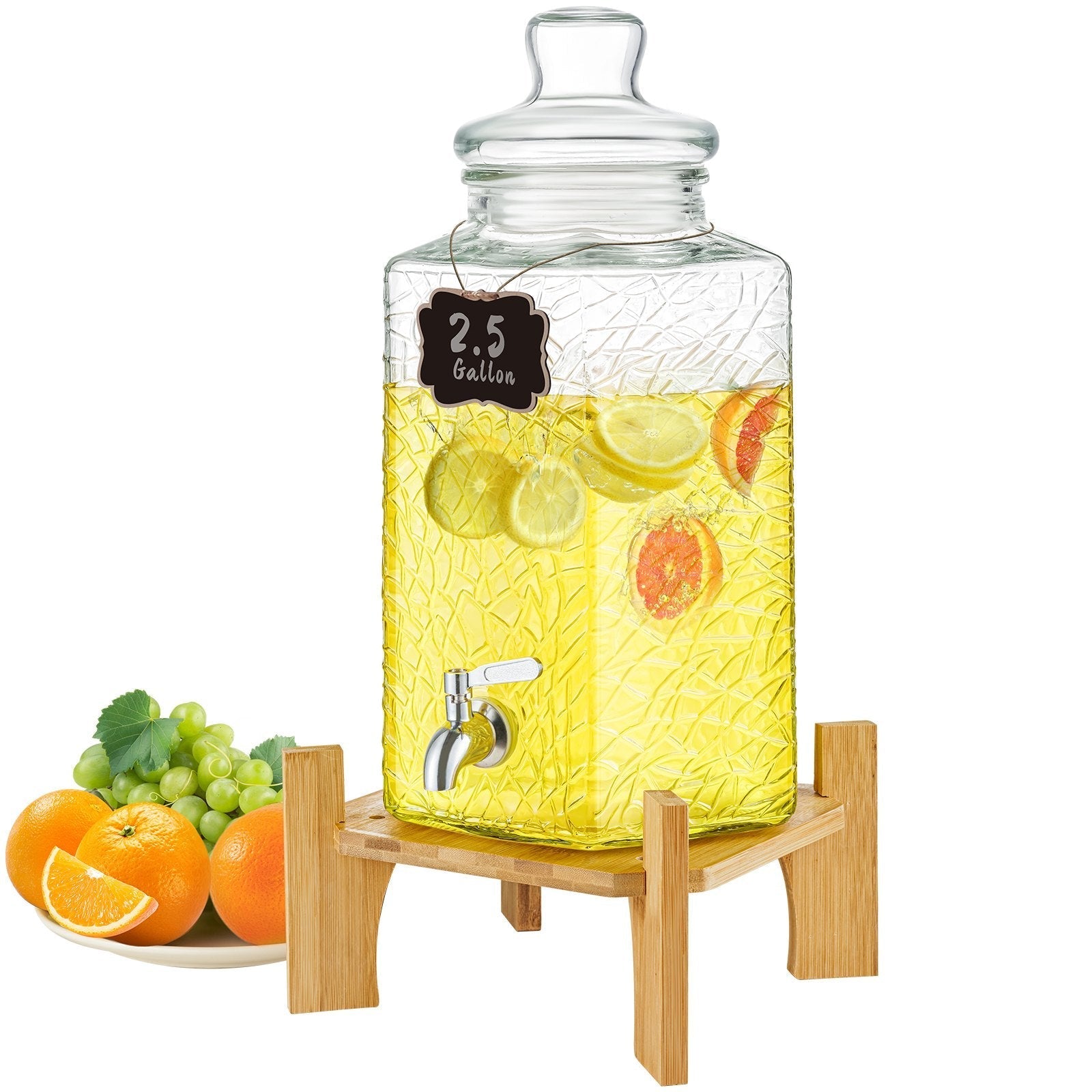 VEVOR Beverage Dispenser, 2.5 Gallon Drink Dispensers for Parties, Glass Juice Dispenser with Stand, Stainless Steel Spigot, Iced Tea Lemonade Juice Water Dispenser, for Restaurants, Hotels, Parties