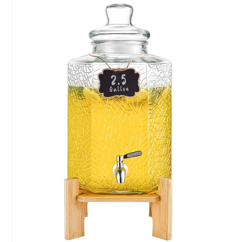 VEVOR Beverage Dispenser, 2.5 Gallon Drink Dispensers for Parties, Glass Juice Dispenser with Stand, Stainless Steel Spigot, Iced Tea Lemonade Juice Water Dispenser, for Restaurants, Hotels, Parties