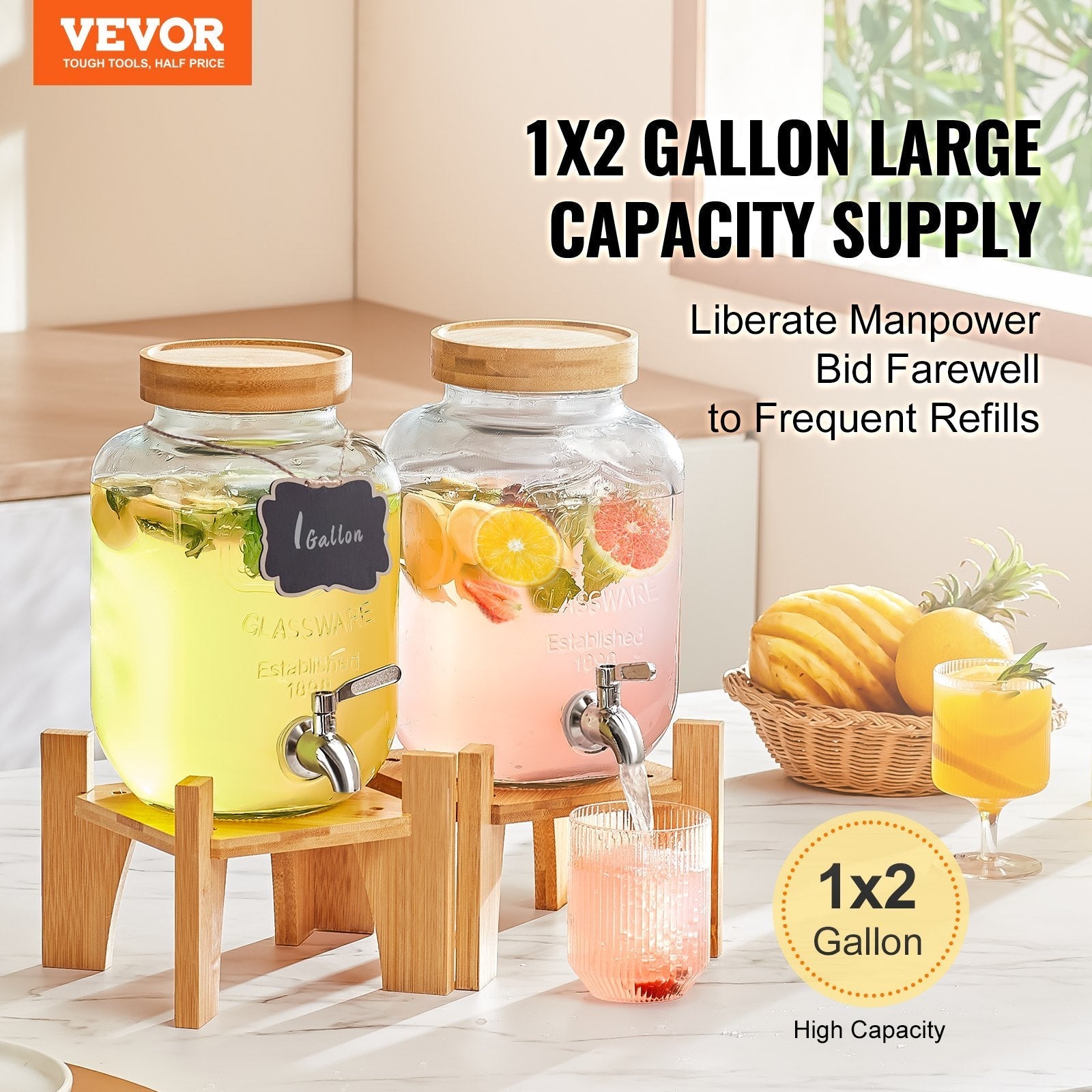 VEVOR Beverage Dispenser, 1 Gallon Drink Dispensers for Parties, Glass Juice Dispenser with Stand, Stainless Steel Spigot, Iced Tea Lemonade Juice Water Dispenser, for Restaurants, Hotels, Parties