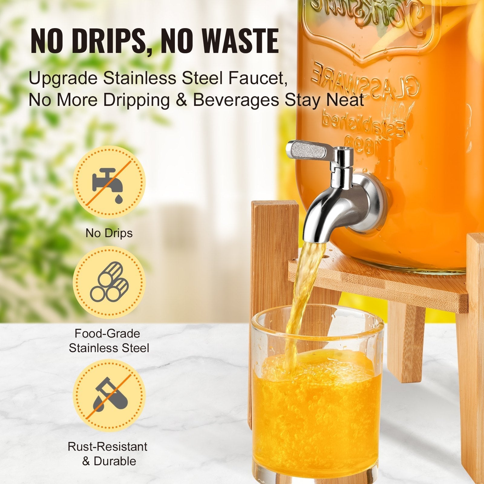 VEVOR Beverage Dispenser, 1 Gallon Drink Dispensers for Parties, Glass Juice Dispenser with Stand, Stainless Steel Spigot, Iced Tea Lemonade Juice Water Dispenser, for Restaurants, Hotels, Parties