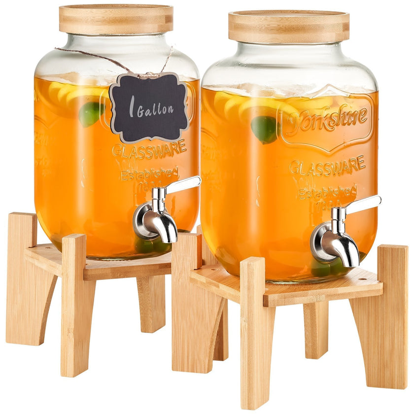 VEVOR Beverage Dispenser, 1 Gallon Drink Dispensers for Parties, Glass Juice Dispenser with Stand, Stainless Steel Spigot, Iced Tea Lemonade Juice Water Dispenser, for Restaurants, Hotels, Parties