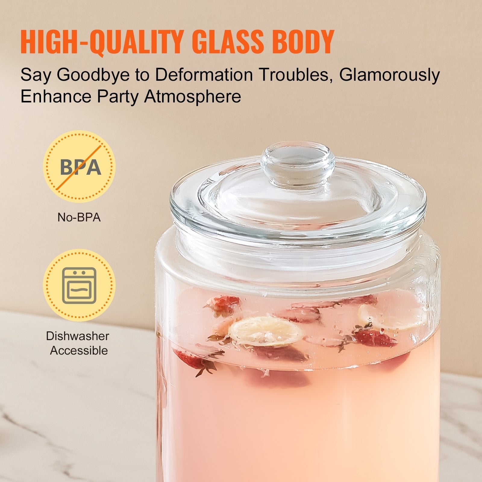 VEVOR Beverage Dispenser, 2 Gallon Drink Dispensers for Parties, Glass Juice Dispenser with Stainless Steel Spigot, Iced Tea Lemonade Juice Water Dispenser, for Restaurants, Hotels, Parties