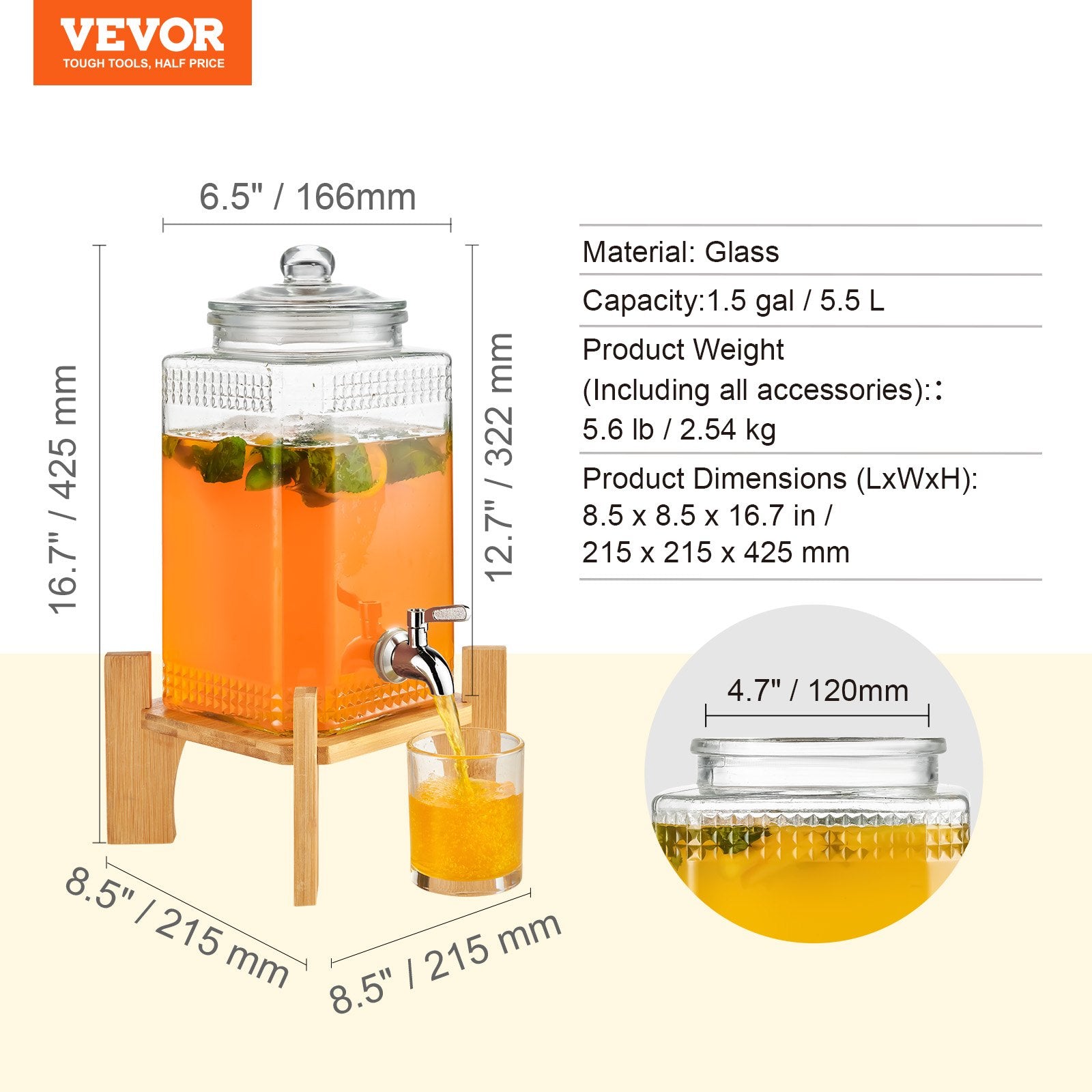VEVOR Beverage Dispenser, 1.5 Gallon Drink Dispensers for Parties, Glass Juice Dispenser with Stand, Stainless Steel Spigot, Iced Tea Lemonade Juice Water Dispenser, for Restaurants, Hotels, Parties