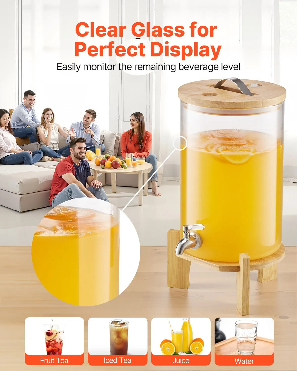 VEVOR Drink Dispenser 2.2 Gal Beverage Dispenser for Parties Glass with Stand