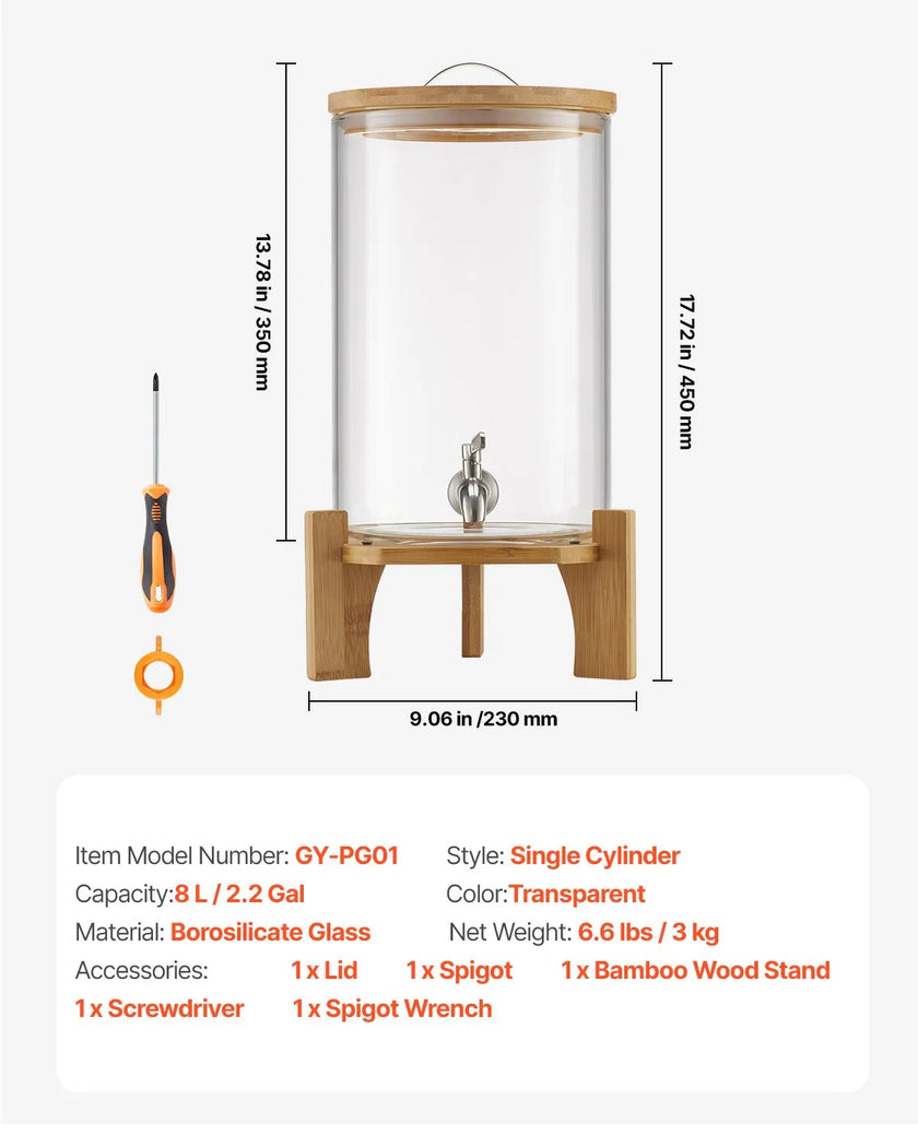 VEVOR Drink Dispenser 2.2 Gal Beverage Dispenser for Parties Glass with Stand