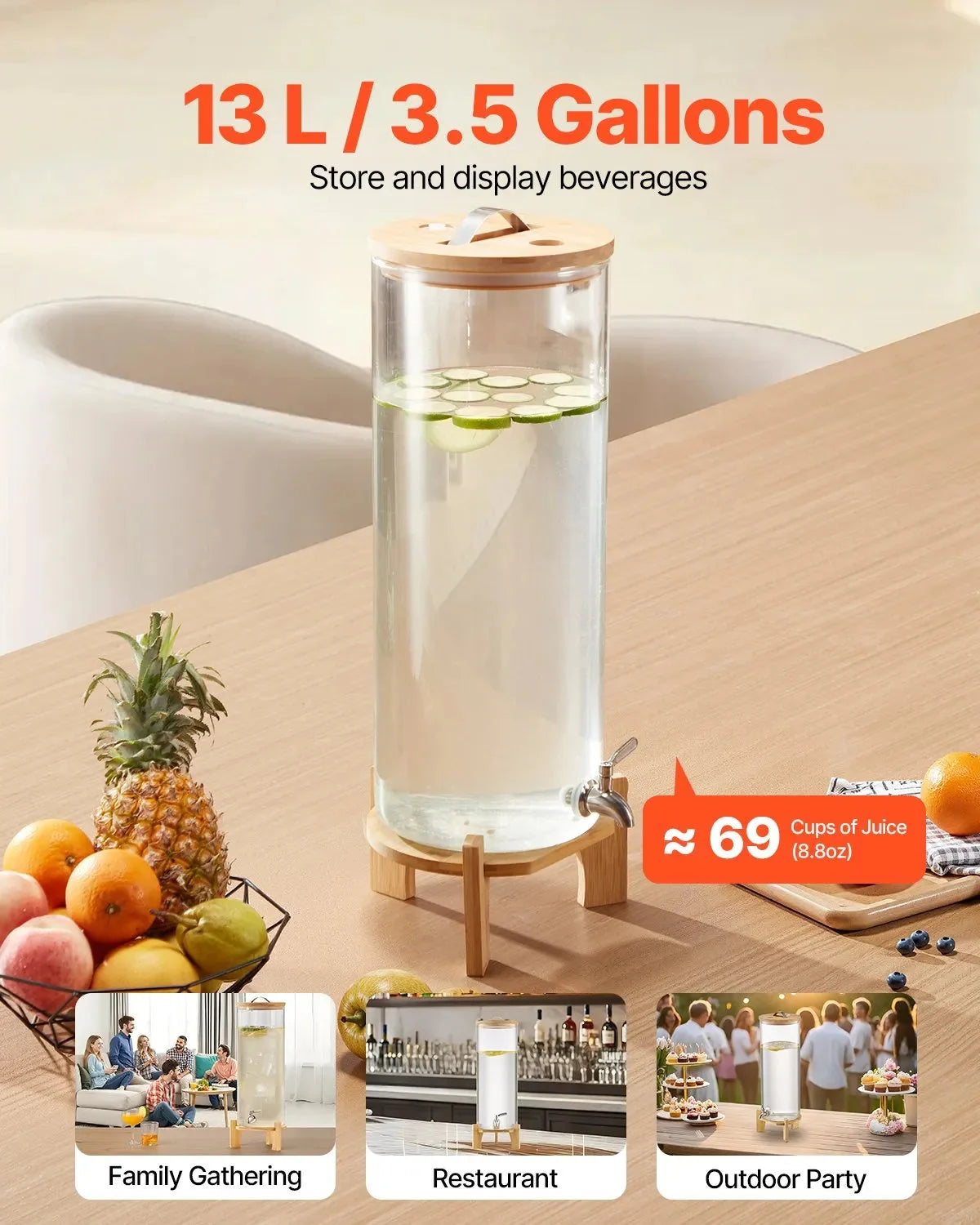 VEVOR Beverage Dispenser, 3.5 Gallon Drink Dispensers for Parties, Glass Juice Dispenser with Wood Stand, Stainless Steel Spigot, Iced Tea Lemonade Juice Water Dispensers for Parties