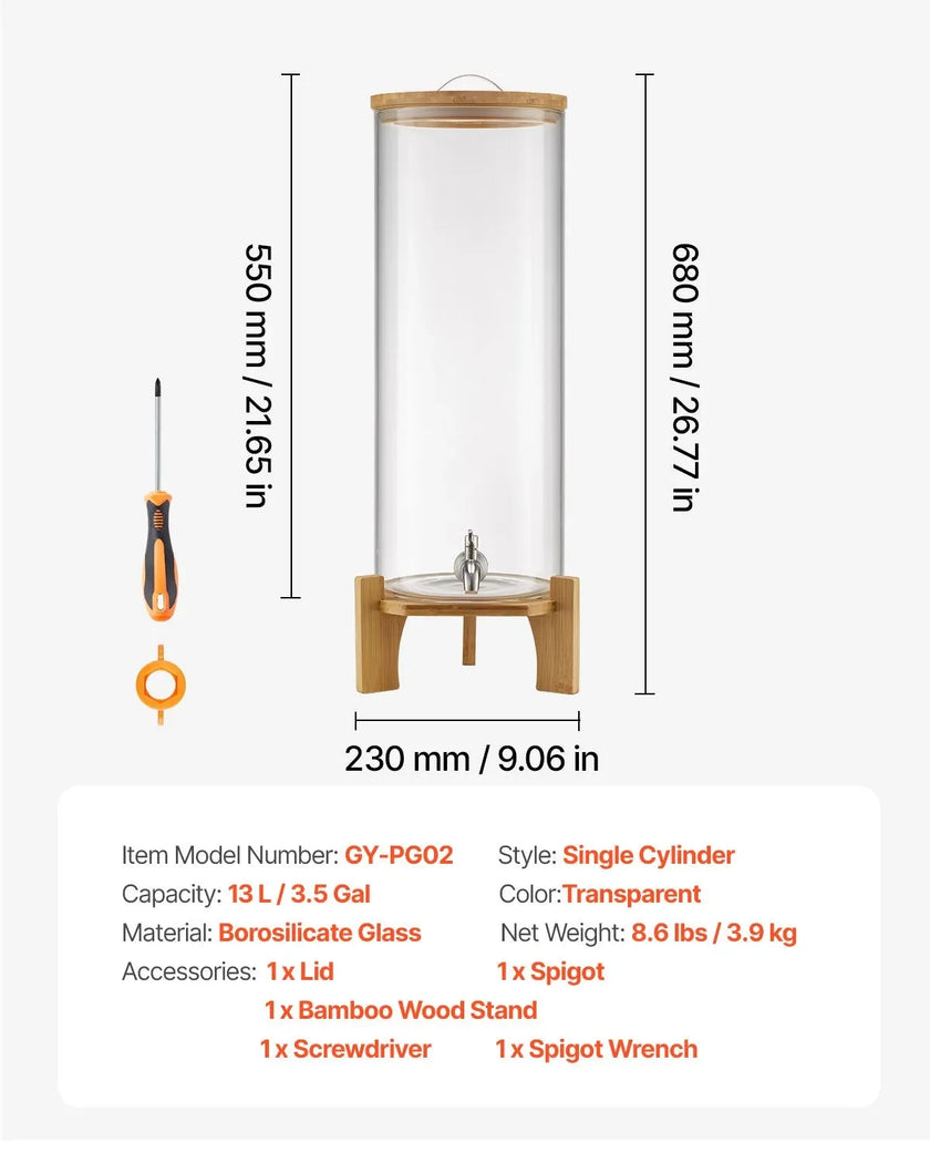 VEVOR Beverage Dispenser, 3.5 Gallon Drink Dispensers for Parties, Glass Juice Dispenser with Wood Stand, Stainless Steel Spigot, Iced Tea Lemonade Juice Water Dispensers for Parties
