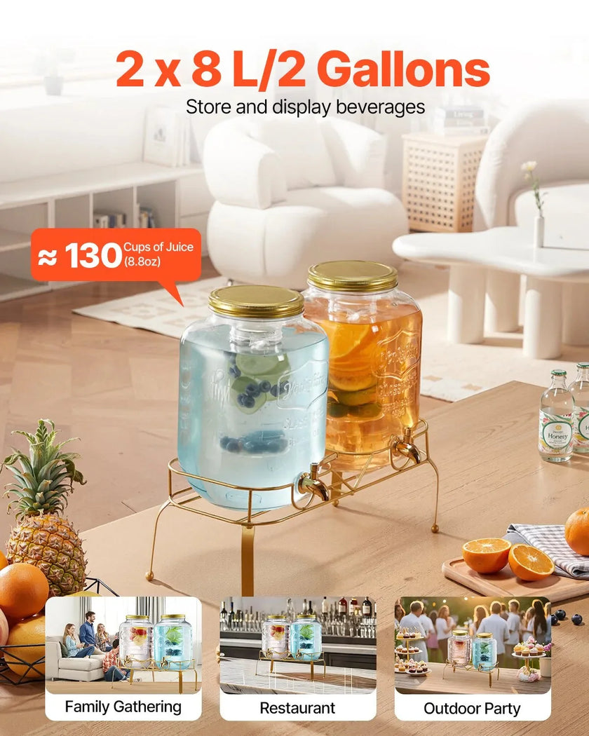 VEVOR Beverage Dispenser, 2 Pack 2 Gallon Drink Dispensers for Parties, Glass Juice Dispenser with Metal Stand, Stainless Steel Spigot, Infuser, Iced Tea Lemonade Juice Water Dispensers for Parties