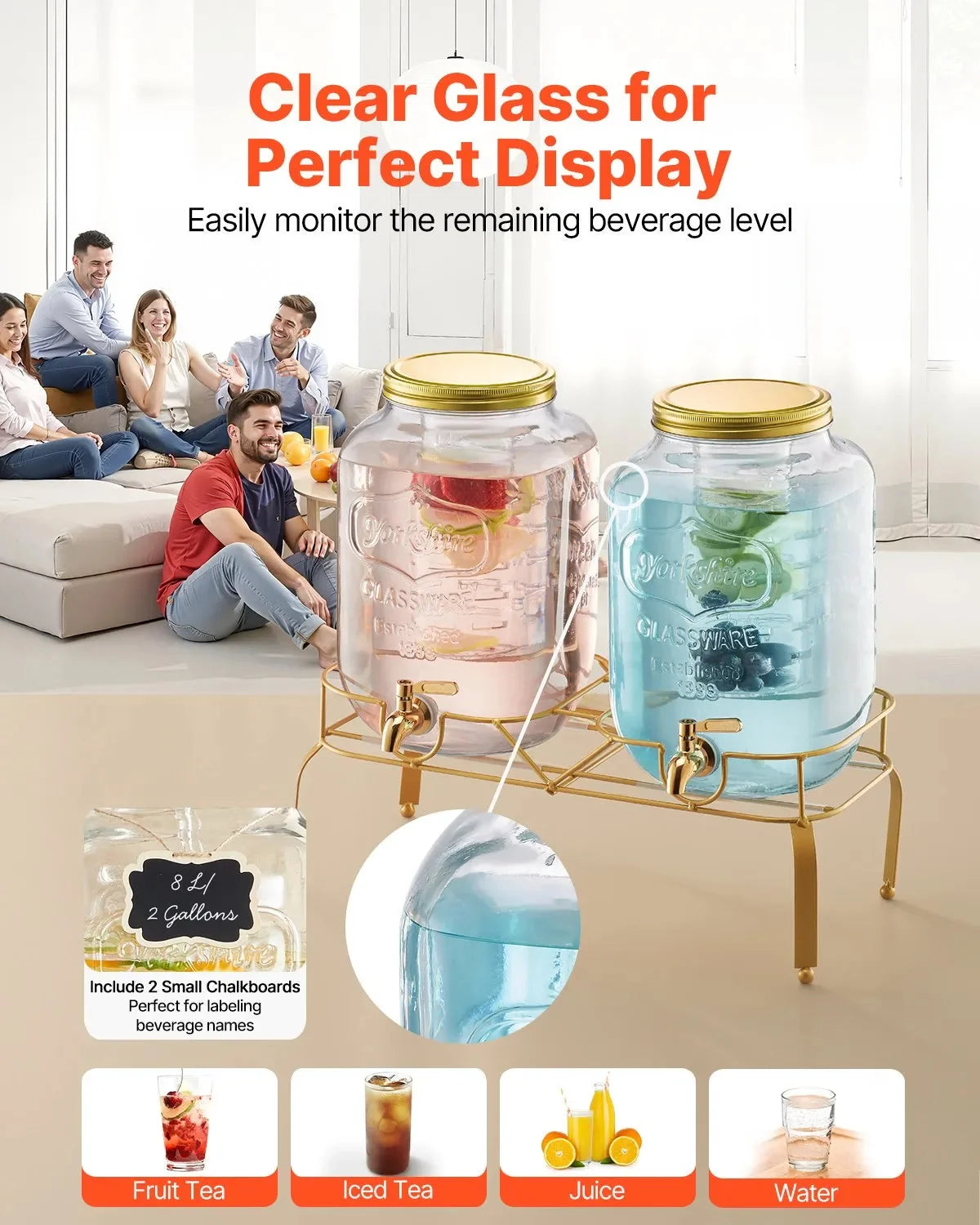VEVOR Beverage Dispenser, 2 Pack 2 Gallon Drink Dispensers for Parties, Glass Juice Dispenser with Metal Stand, Stainless Steel Spigot, Infuser, Iced Tea Lemonade Juice Water Dispensers for Parties