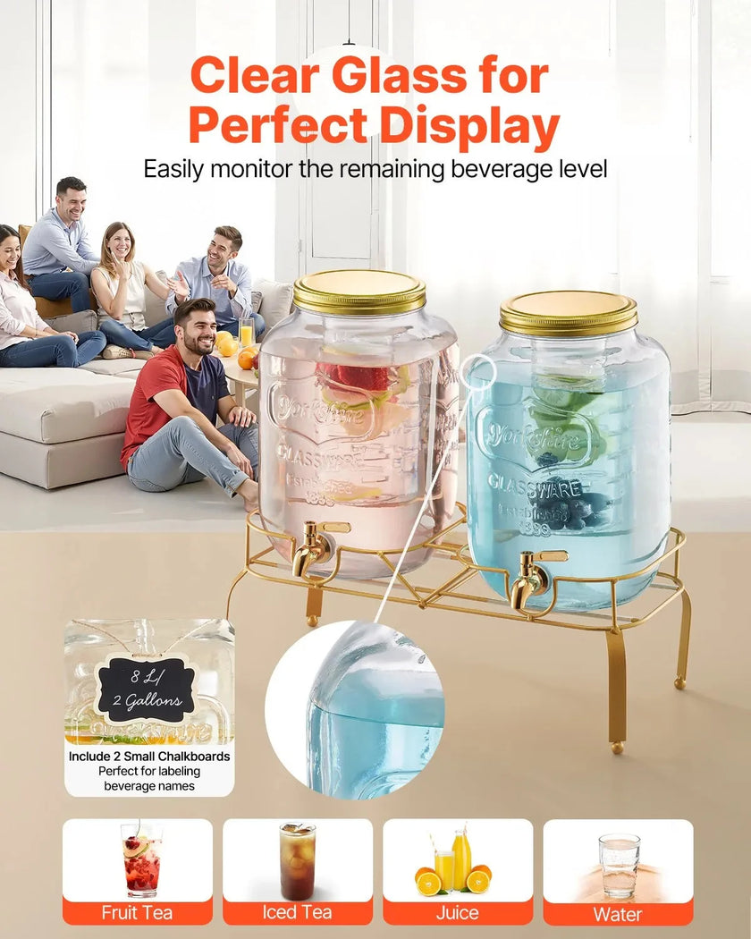 VEVOR Beverage Dispenser, 2 Pack 2 Gallon Drink Dispensers for Parties, Glass Juice Dispenser with Metal Stand, Stainless Steel Spigot, Infuser, Iced Tea Lemonade Juice Water Dispensers for Parties