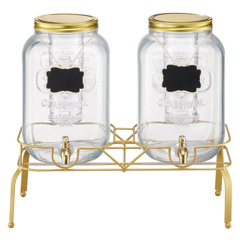 VEVOR Beverage Dispenser, 2 Pack 2 Gallon Drink Dispensers for Parties, Glass Juice Dispenser with Metal Stand, Stainless Steel Spigot, Infuser, Iced Tea Lemonade Juice Water Dispensers for Parties