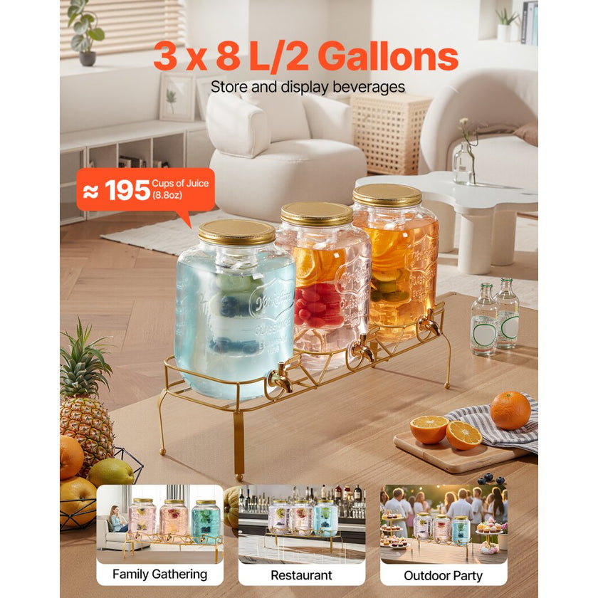 3-Jar Glass Beverage Dispenser Set with Stand – Party Drink Station (6 Gallon Total Capacity)