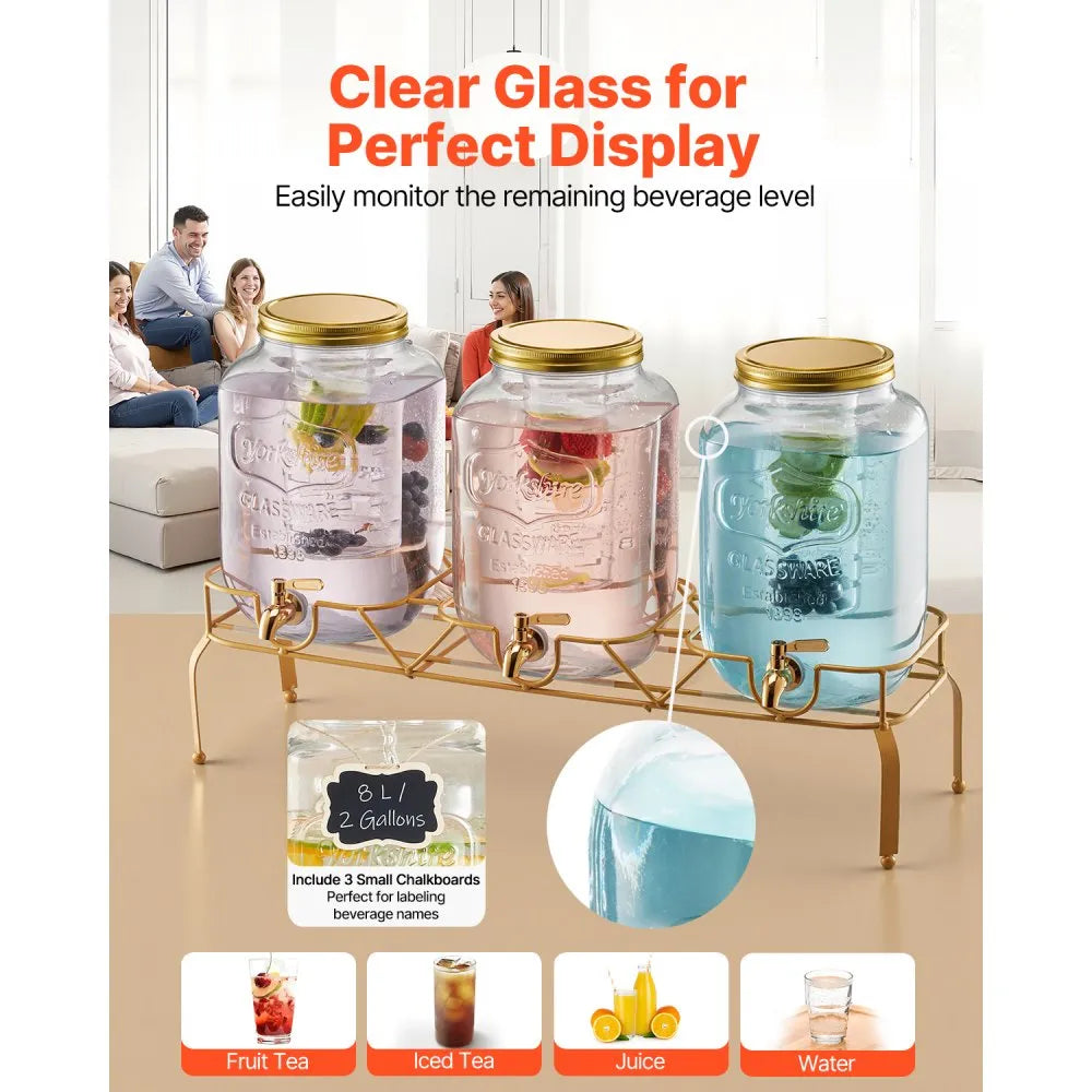 3-Jar Glass Beverage Dispenser Set with Stand – Party Drink Station (6 Gallon Total Capacity)