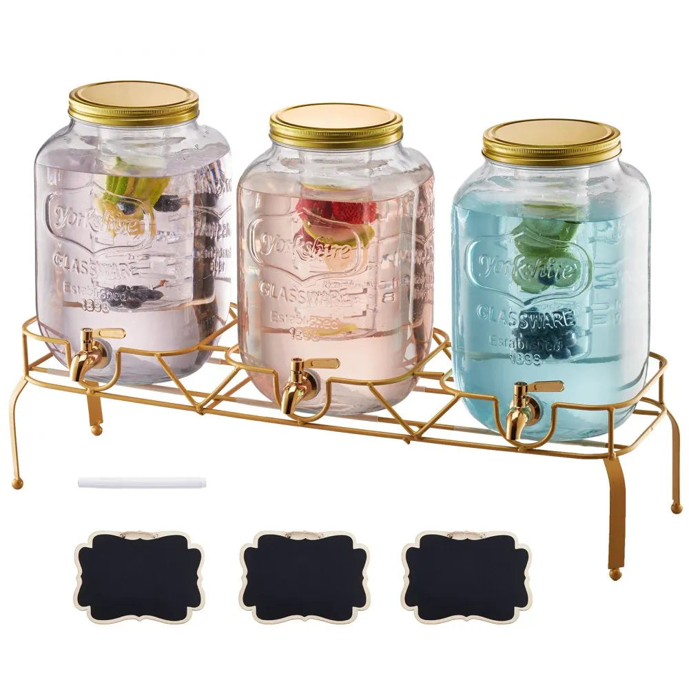 3-Jar Glass Beverage Dispenser Set with Stand – Party Drink Station (6 Gallon Total Capacity)