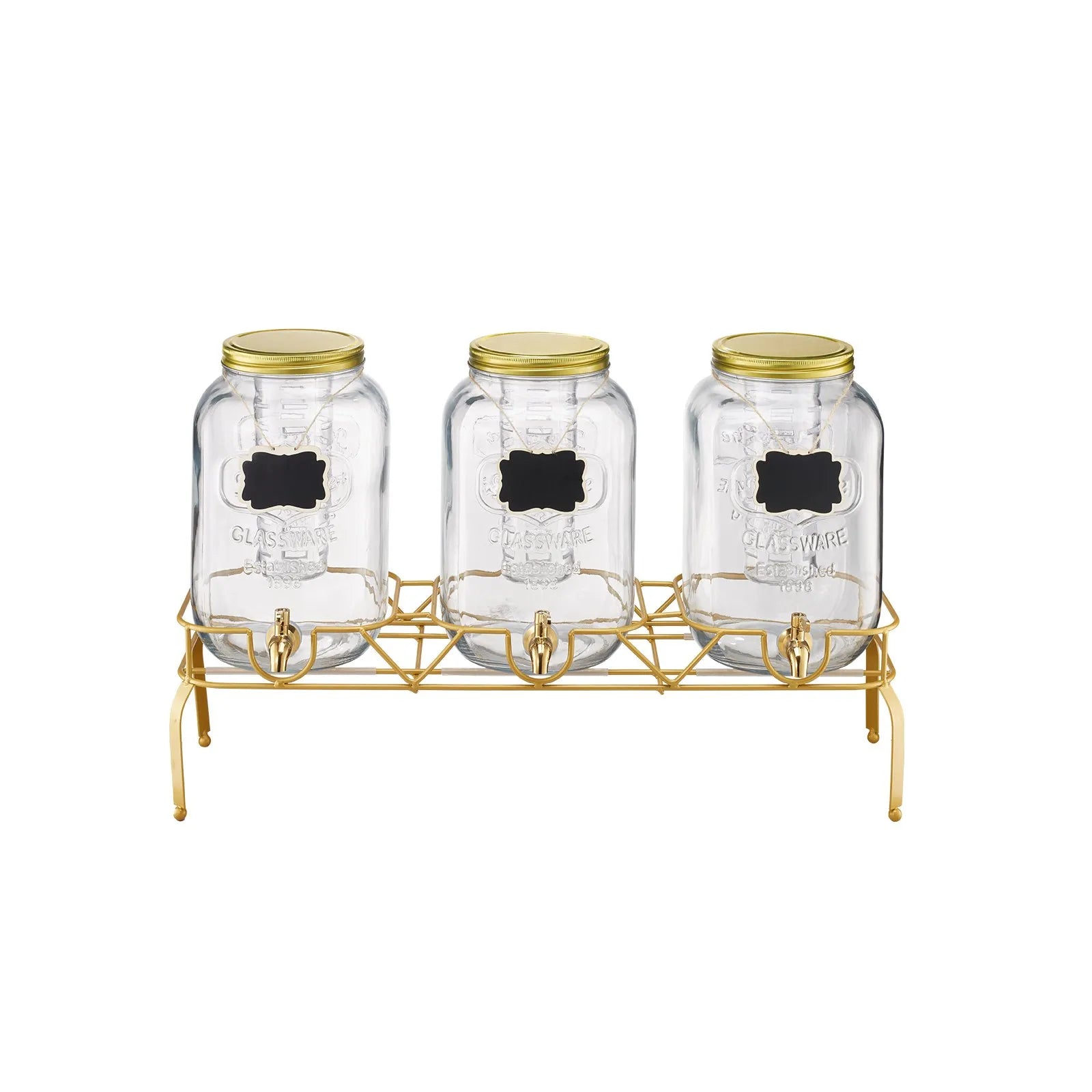 3-Jar Glass Beverage Dispenser Set with Stand – Party Drink Station (6 Gallon Total Capacity)