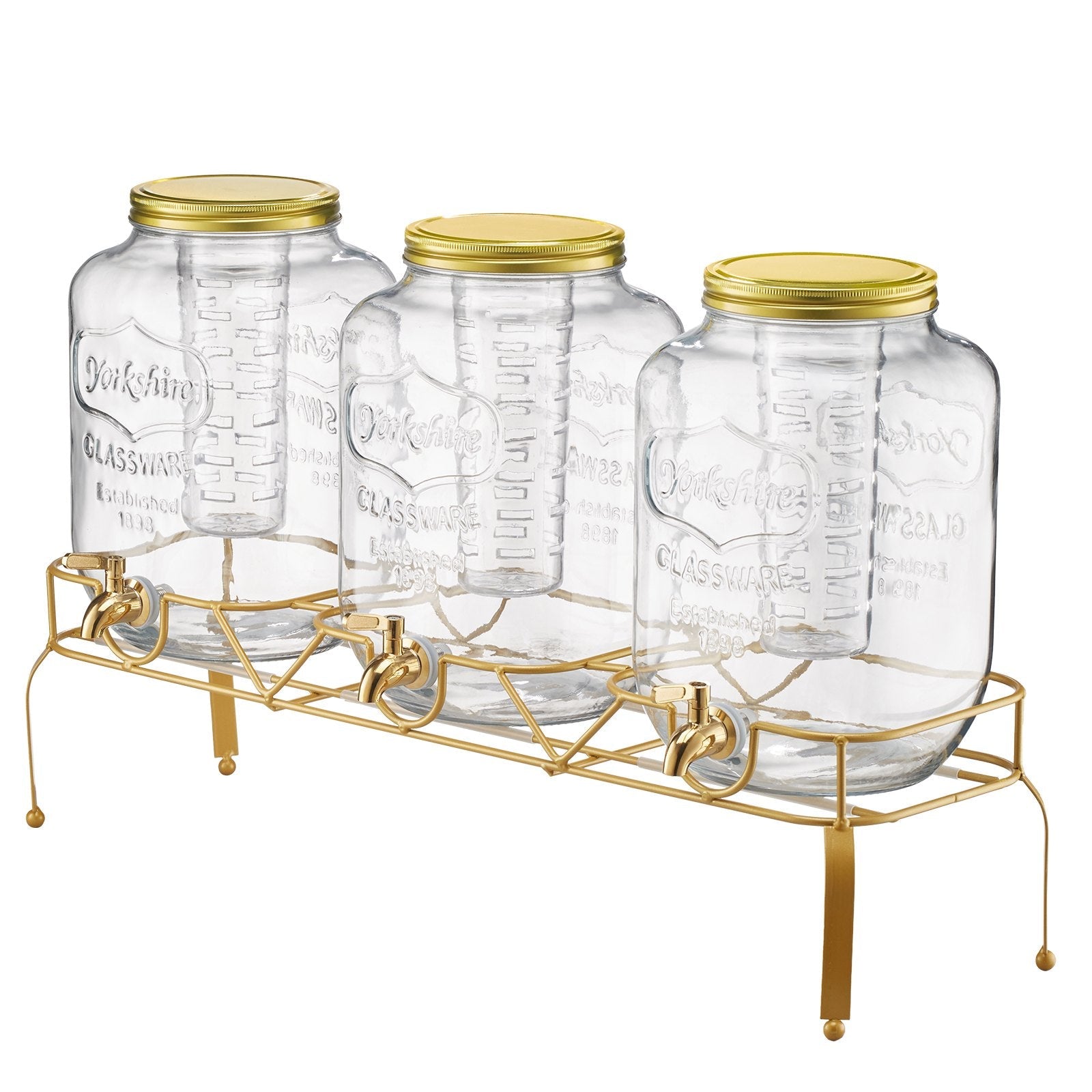 3-Jar Glass Beverage Dispenser Set with Stand – Party Drink Station (6 Gallon Total Capacity)