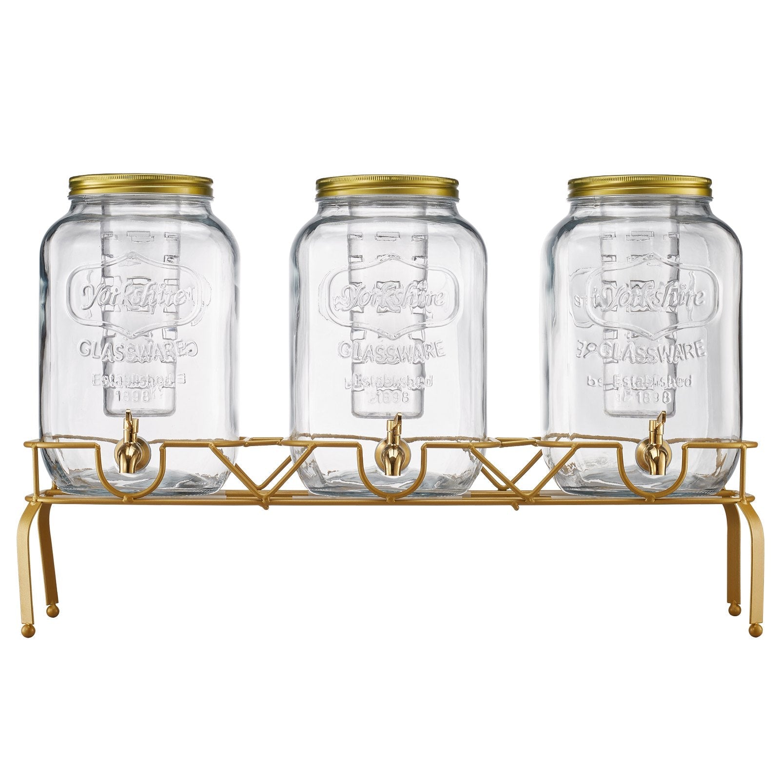 3-Jar Glass Beverage Dispenser Set with Stand – Party Drink Station (6 Gallon Total Capacity)