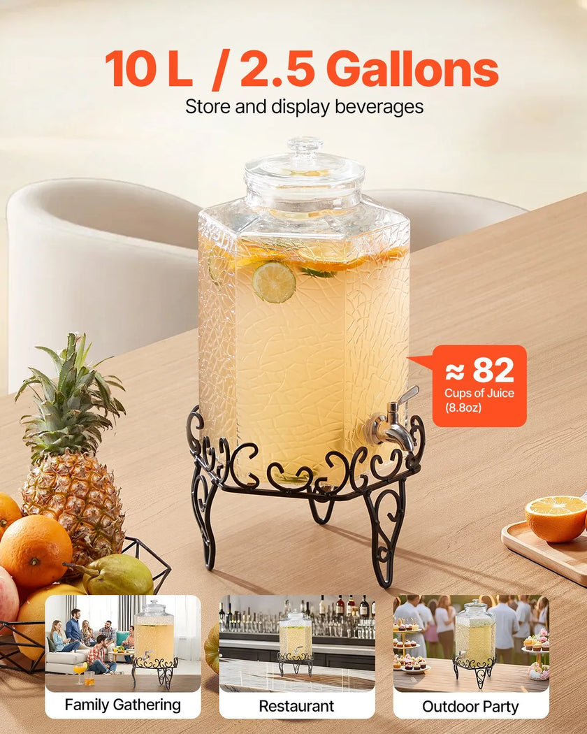 VEVOR Drink Dispenser 2.5 Gal Beverage Dispenser for Parties Glass with Stand
