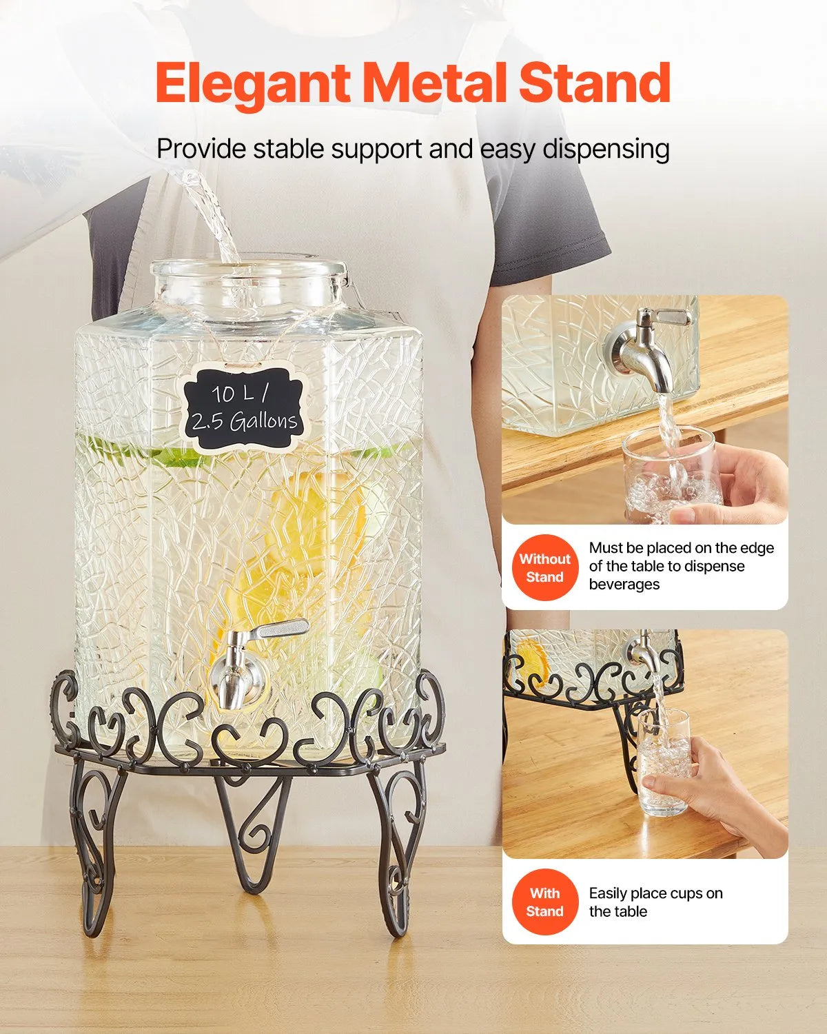 VEVOR Drink Dispenser 2.5 Gal Beverage Dispenser for Parties Glass with Stand