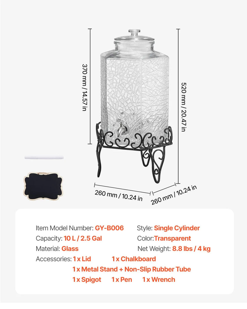 VEVOR Drink Dispenser 2.5 Gal Beverage Dispenser for Parties Glass with Stand