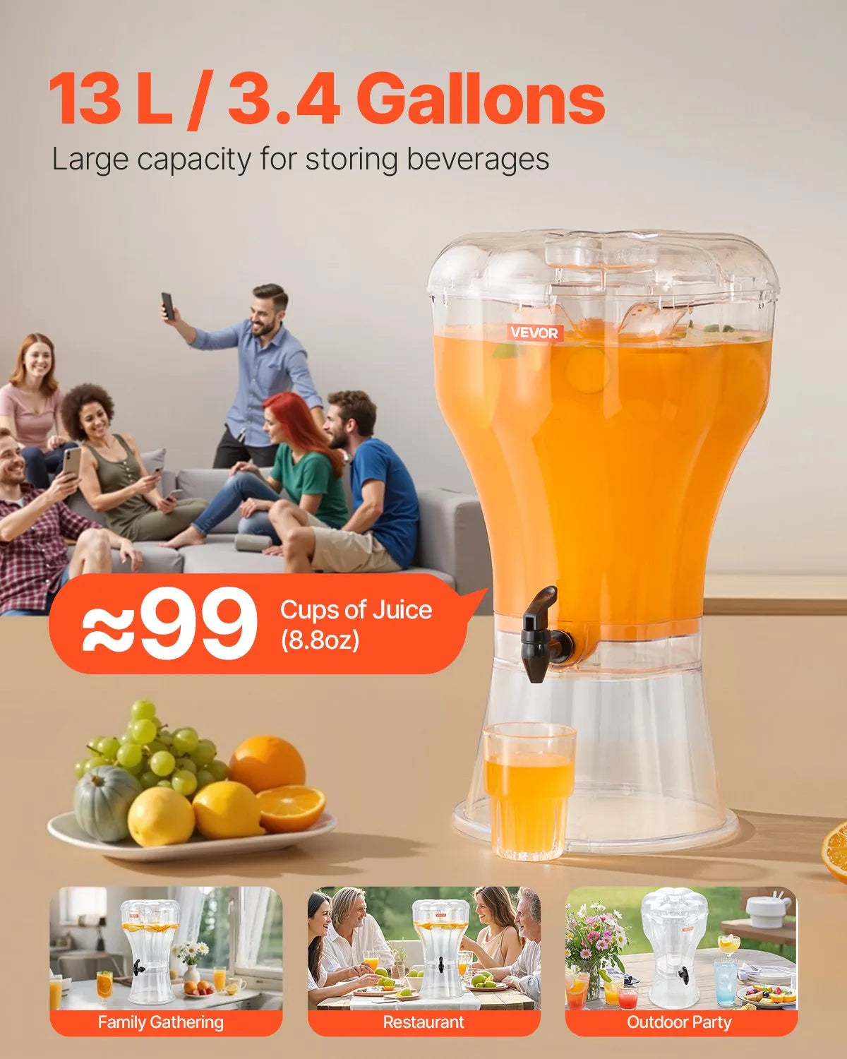 VEVOR Drink Dispenser 3.4 Gal Beverage Dispenser for Parties Plastic with Spigot