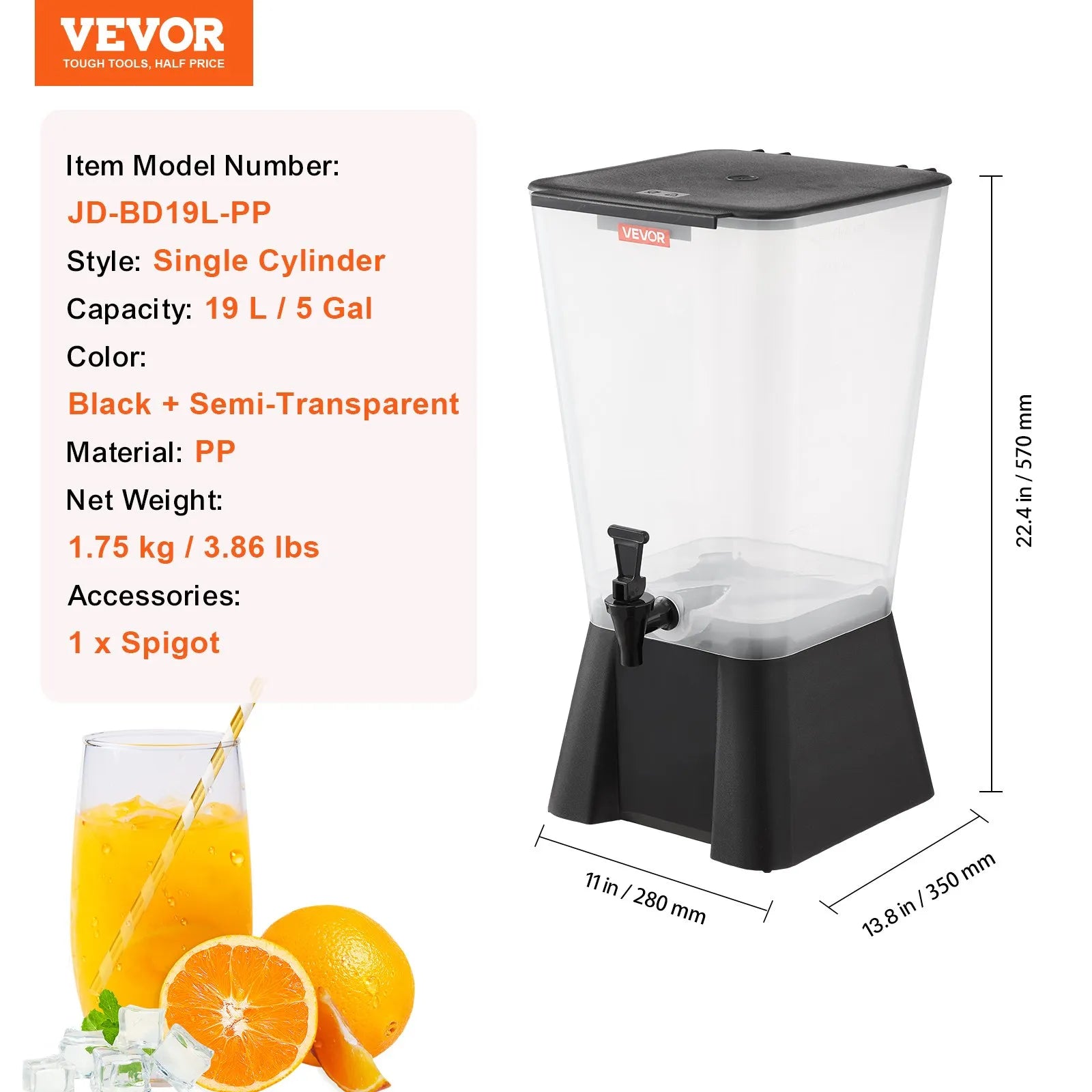 VEVOR Drink Dispenser 5 Gal Beverage Dispenser for Parties Plastic with Spigot