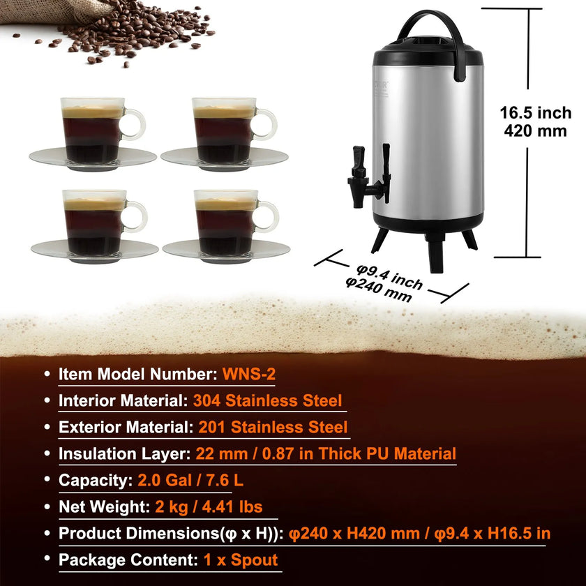 VEVOR Stainless Steel Insulated Beverage Dispenser, 2 Gallon 7.6 Liter, Thermal Hot and Cold Drink Server Dispenser with Spigot Handle, Food-grade for Hot Tea Coffee Water Restaurant Drink Shop