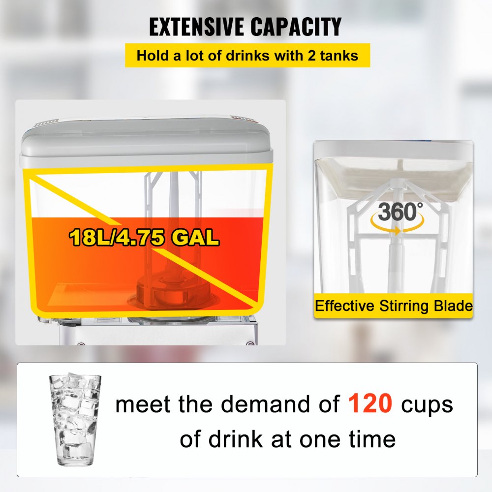 VEVOR 110V Commercial Beverage Dispenser,9.5 Gallon 36L 2 Tanks Juice Dispenser Commercial,18 Liter Per Tank 300W Stainless Steel Food Grade Material Ice Tea Drink Dispenser Equipped with Thermostat C