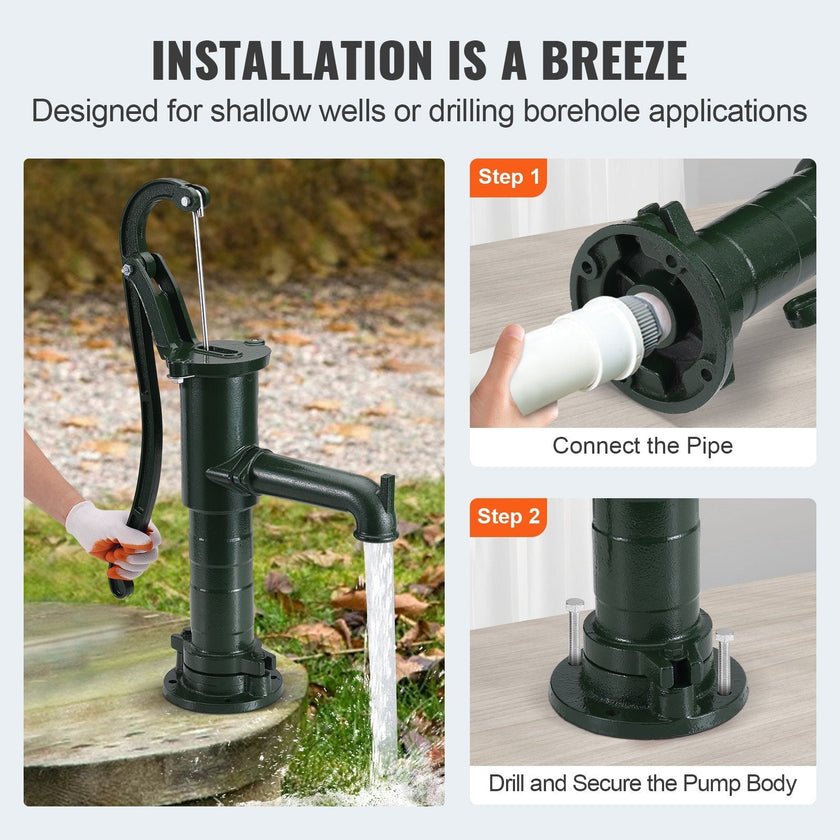 VEVOR Antique Well Hand Pitcher Pump, 22 ft Maximum Lift, Cast Iron Manual Hand Water Pump with Ergonomic Handle G1-5/8