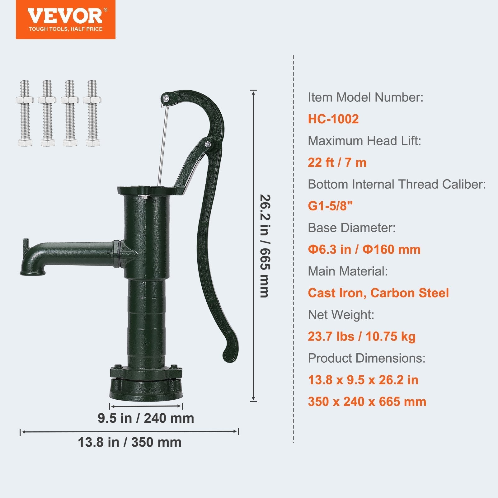 VEVOR Antique Well Hand Pitcher Pump, 22 ft Maximum Lift, Cast Iron Manual Hand Water Pump with Ergonomic Handle G1-5/8
