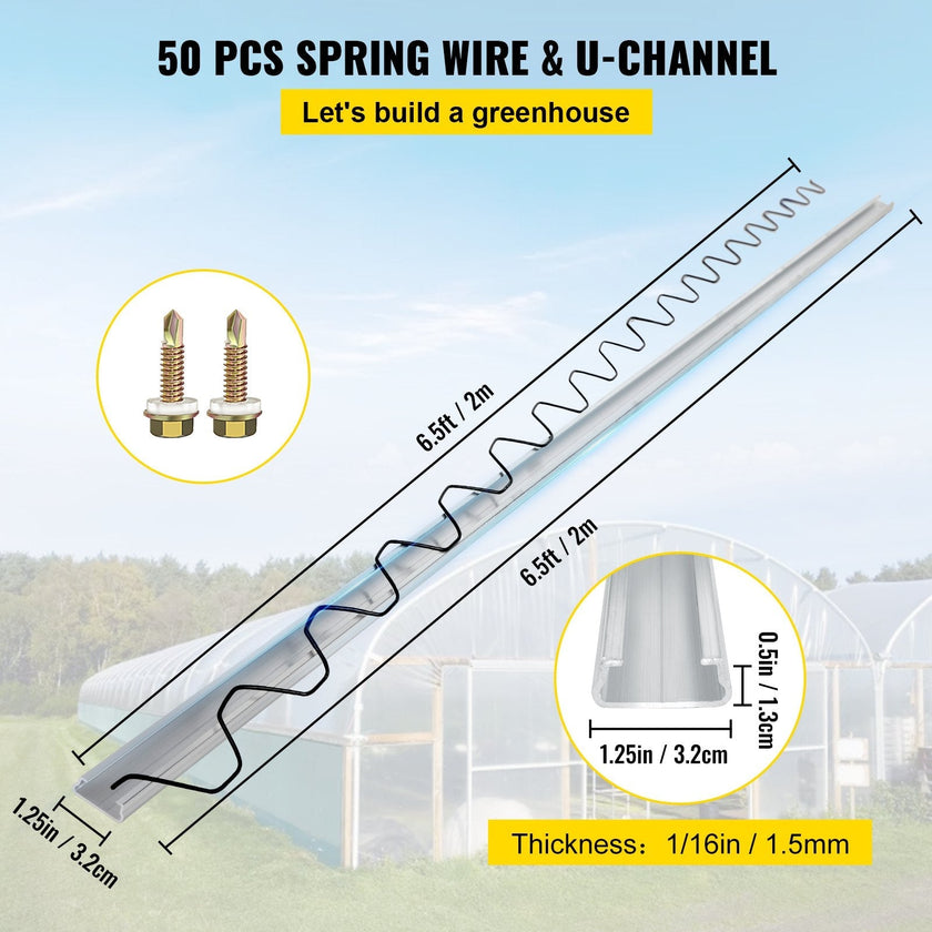 VEVOR Greenhouse Wiggle Wire &Aluminum Alloy Spring Lock U-Channel 6.56ft 50PCS