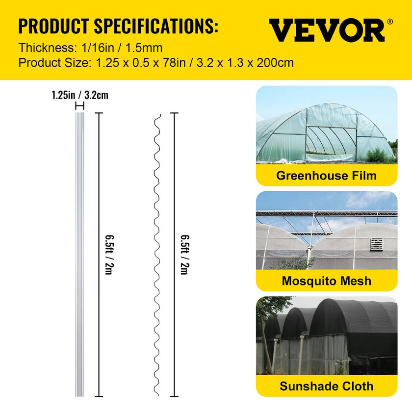VEVOR Greenhouse Wiggle Wire &Aluminum Alloy Spring Lock U-Channel 6.56ft 50PCS