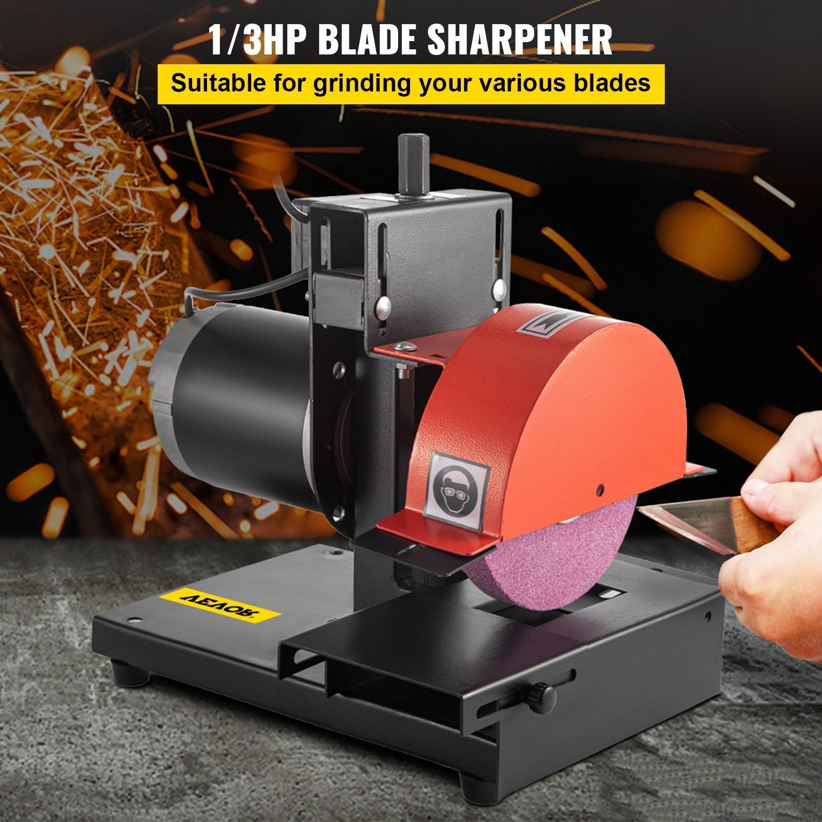 VEVOR Lawnmower Blade Grinder, 1/3 HP 1700 RPM Motor with 8\'\' Diameter 1 inch Thickness Wheel, 2.8 inch Adjustable Height Steel Sharper for Blades & Tool Grinding in Garden or Workshop