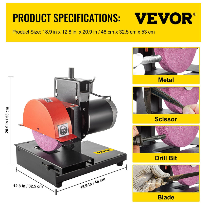 VEVOR Lawnmower Blade Grinder, 1/3 HP 1700 RPM Motor with 8\'\' Diameter 1 inch Thickness Wheel, 2.8 inch Adjustable Height Steel Sharper for Blades & Tool Grinding in Garden or Workshop