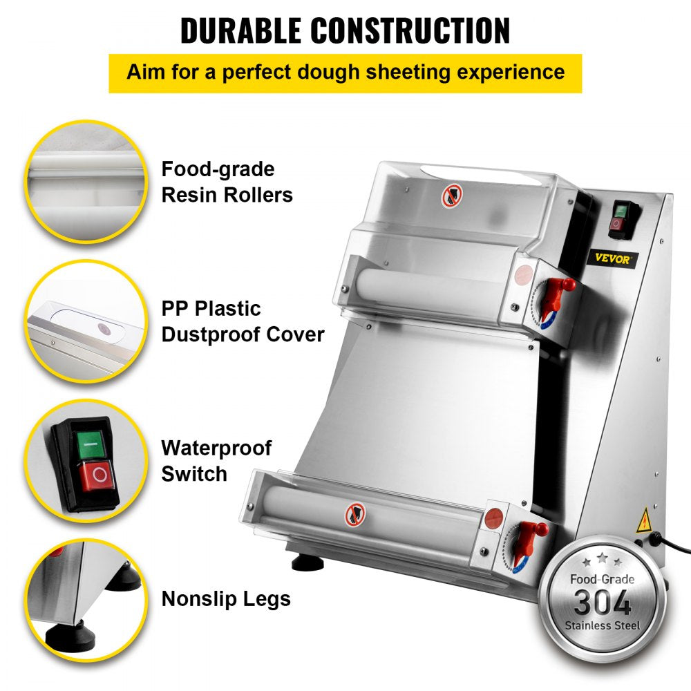 VEVOR Stainless Steel Electric Pizza Dough Roller, Max 16'' Pizza Dough Roller Sheeter, 370W Automatic Pizza Dough Roller, Suitable for Noodle Pizza Bread and Pasta Maker Equipment