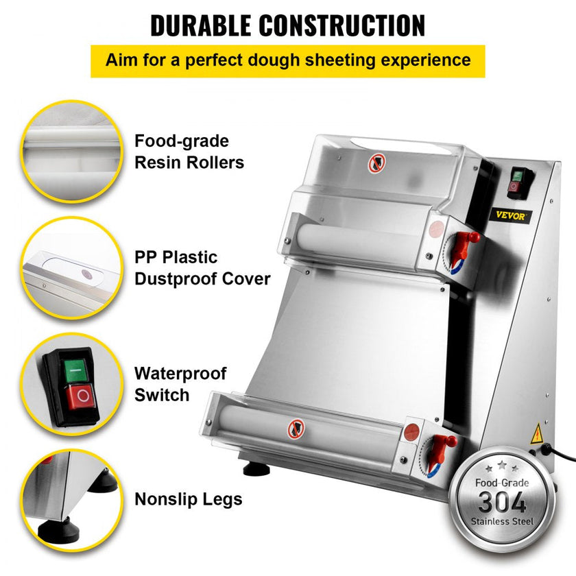 VEVOR Stainless Steel Electric Pizza Dough Roller, Max 16'' Pizza Dough Roller Sheeter, 370W Automatic Pizza Dough Roller, Suitable for Noodle Pizza Bread and Pasta Maker Equipment