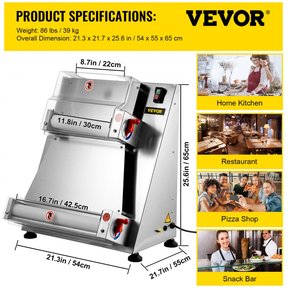 VEVOR Stainless Steel Electric Pizza Dough Roller, Max 16'' Pizza Dough Roller Sheeter, 370W Automatic Pizza Dough Roller, Suitable for Noodle Pizza Bread and Pasta Maker Equipment
