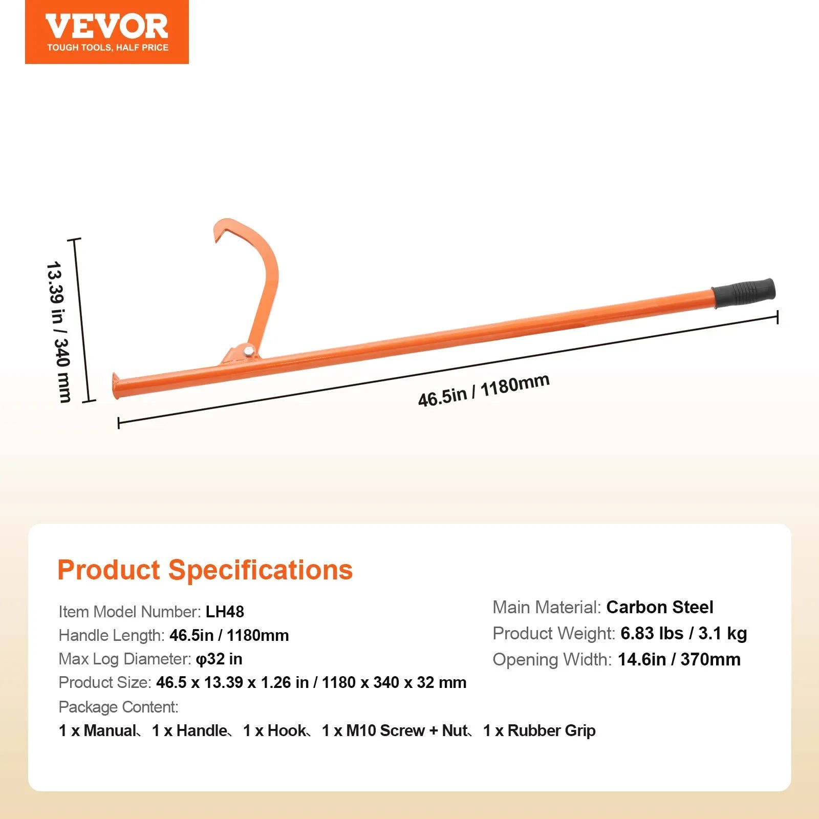 VEVOR Cant Hook Tool 46.5 in Heavy Duty Steel Log Roller Forestry Logging Tools