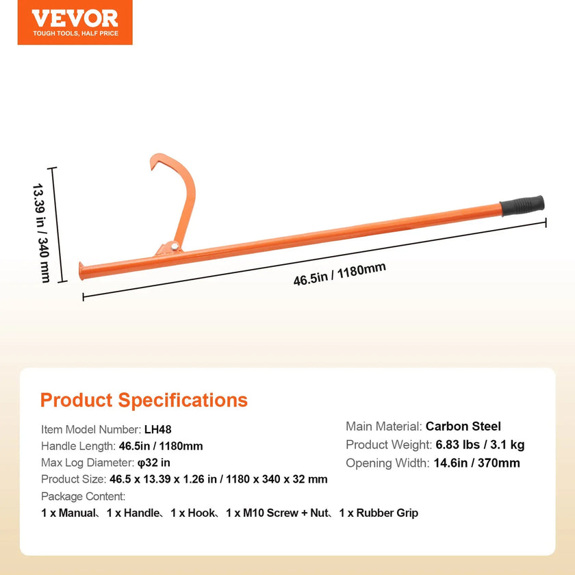 VEVOR Cant Hook Tool 46.5 in Heavy Duty Steel Log Roller Forestry Logging Tools