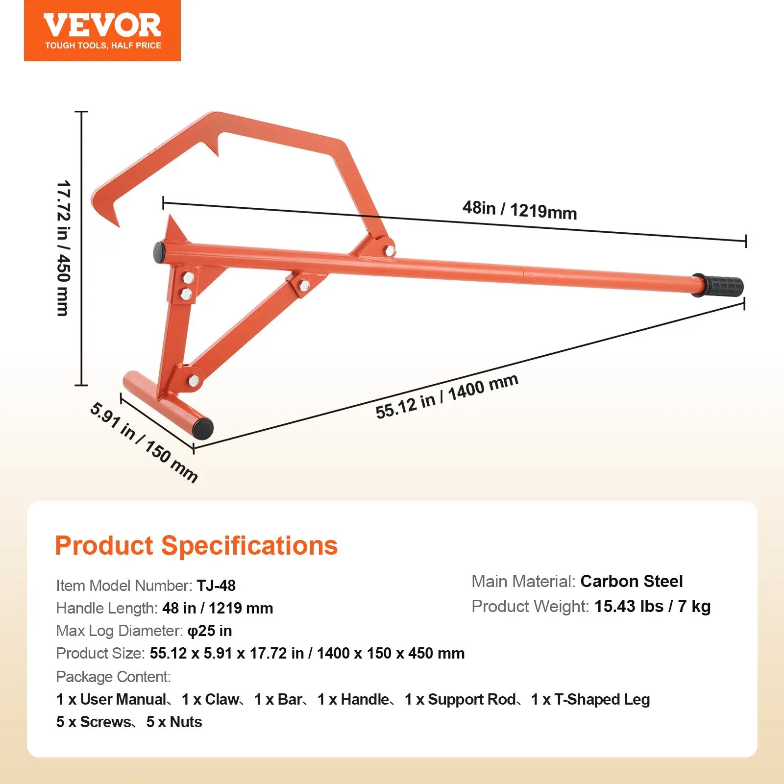 VEVOR Timberjack 46.5 in Heavy Duty Log Lifter for Max 25