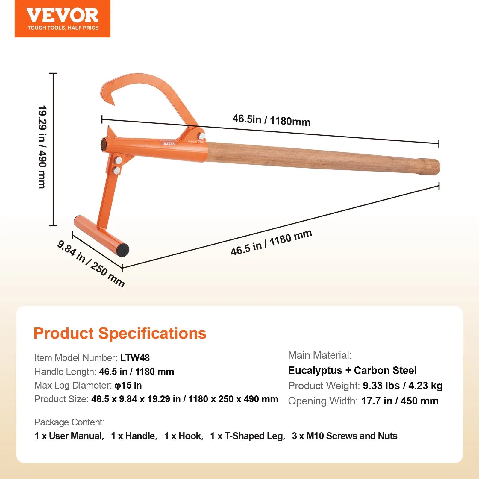 VEVOR Timberjack 46.5 in Heavy Duty Log Lifter Wooden Handle for Max 15