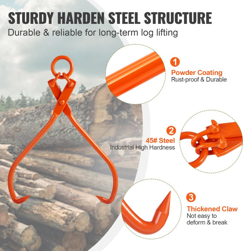 VEVOR Log Skidding Tongs, 32 inch 2 Claw Log Lifting Tongs, Heavy Duty Steel Lumber Skidding Tongs, 1543 lbs/700 kg Loading Capacity, Log Lifting, Handling, Dragging & Carrying Tool
