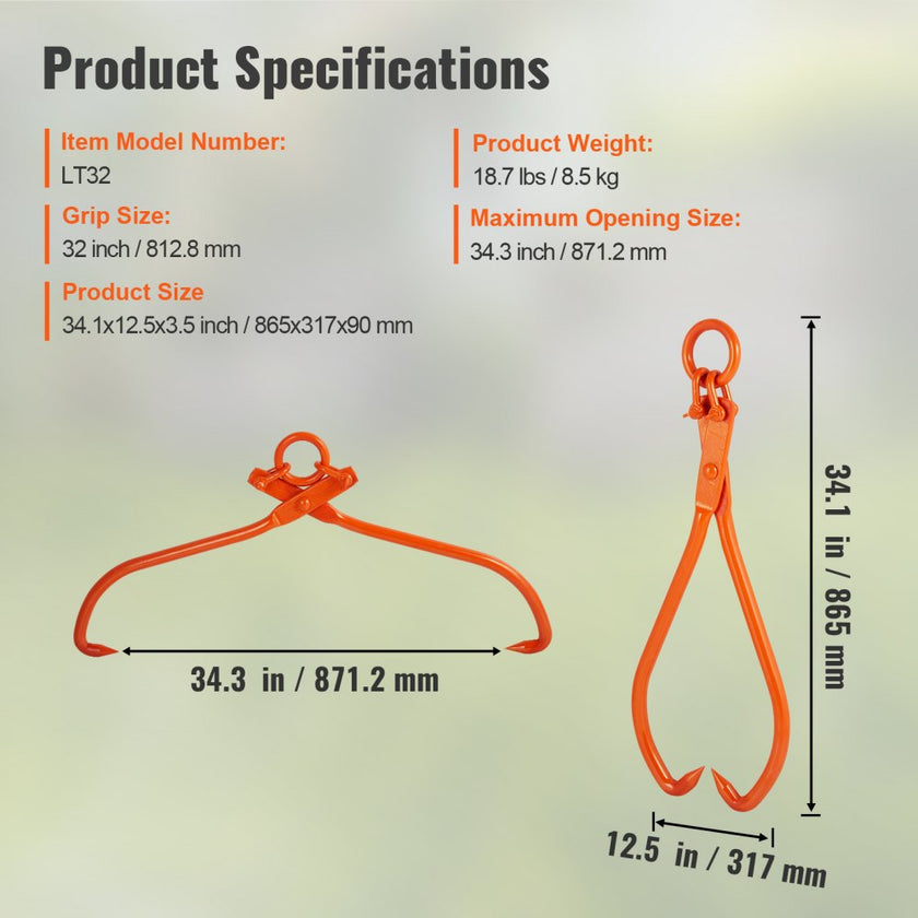 VEVOR Log Skidding Tongs, 32 inch 2 Claw Log Lifting Tongs, Heavy Duty Steel Lumber Skidding Tongs, 1543 lbs/700 kg Loading Capacity, Log Lifting, Handling, Dragging & Carrying Tool