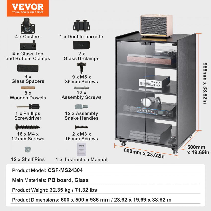 VEVOR 5-Tier AV Media Stand with Wheels Wooden Audio-Video Media Stand Black
